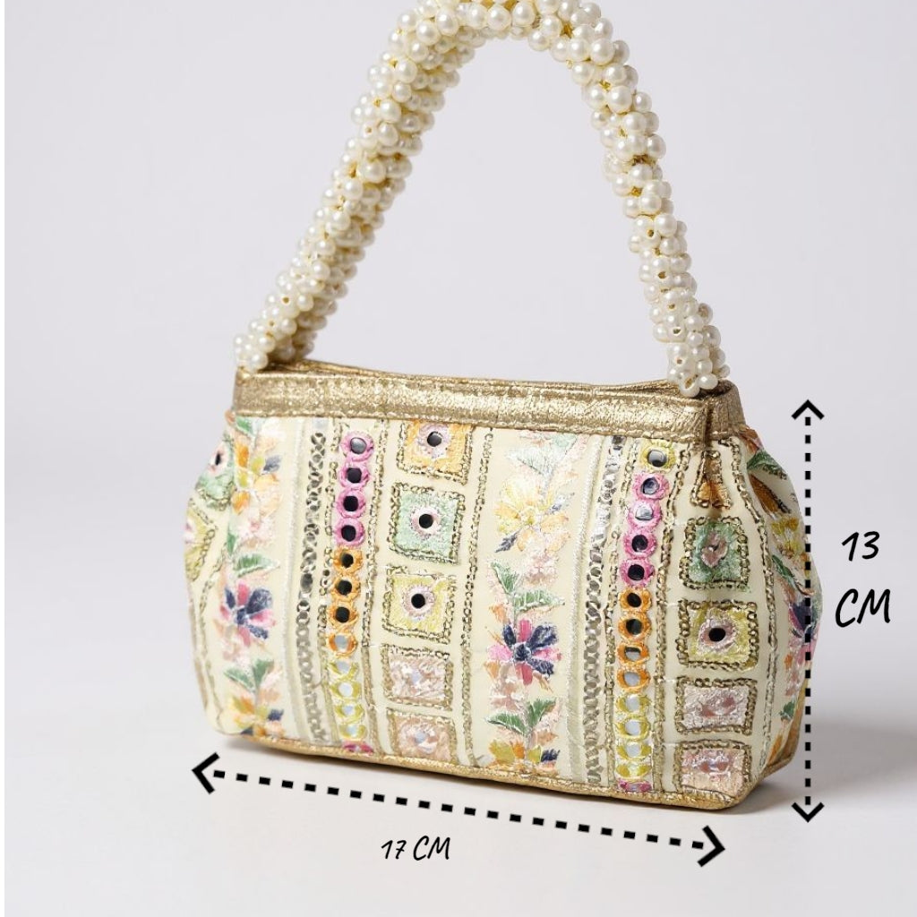 Floral Embroidered Evening Clutch with Pearl Handle
