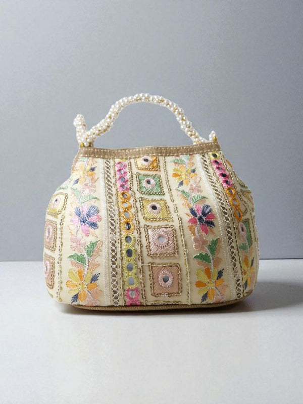 Floral Embroidered Evening Clutch with Pearl Handle