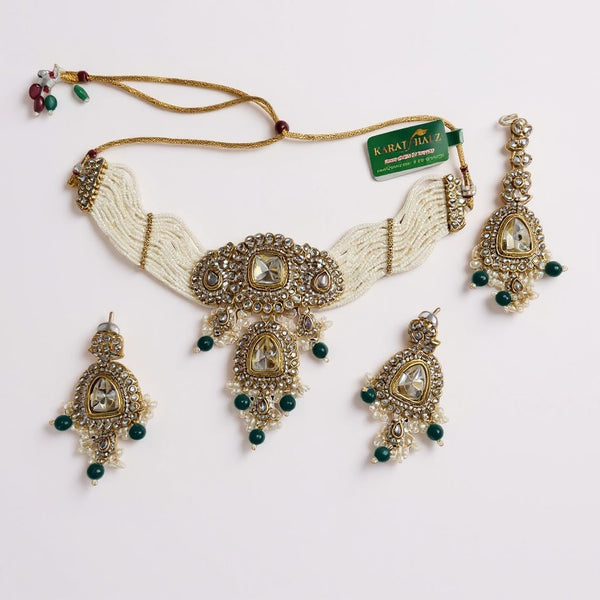 Royal Kundan Pearl Choker Set with Green Bead Drops
