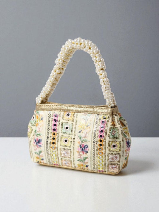 Floral Embroidered Evening Clutch with Pearl Handle