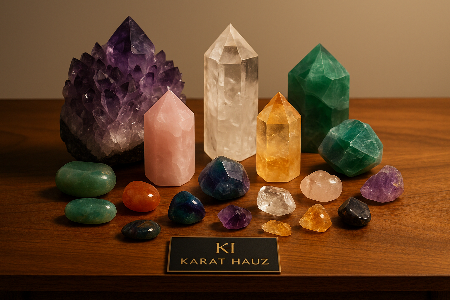 all crystals put on a table with karat hauz branding